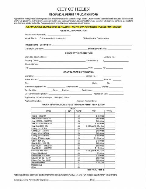 First page of the Mechanical Permit Application