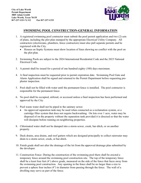 First page of the Swimming Pool Permit Application