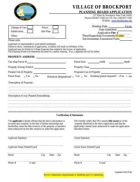 First page of the Planning Board Application