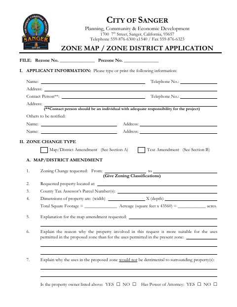 First page of the Zone Map / Zone District Application