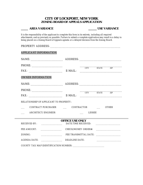 First page of the Zoning Board of Appeals Application for Area or Use Variance