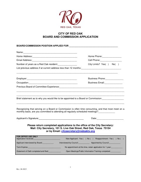 First page of the Board and Commission Application