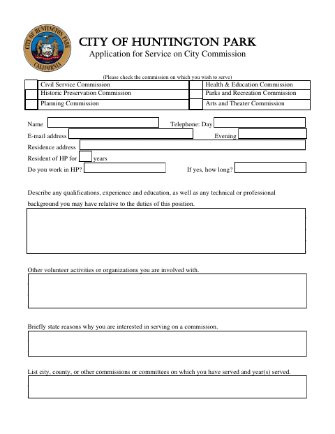 First page of the Application for Service on City Commission