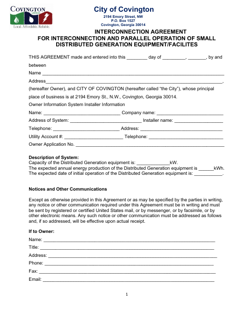 First page of the Distributed Generation Interconnection Agreement