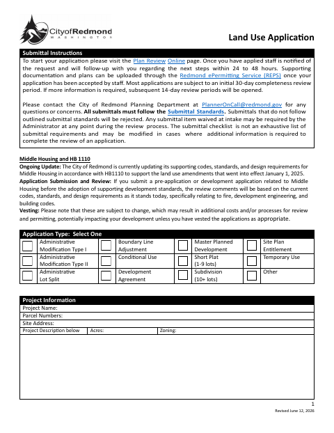 First page of the Land Use Application