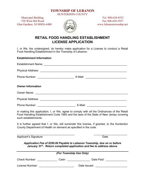 First page of the Retail Food Handling Establishment License Application