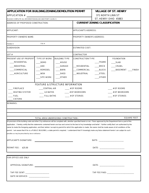 First page of the Building/Zoning/Demolition Permit Application