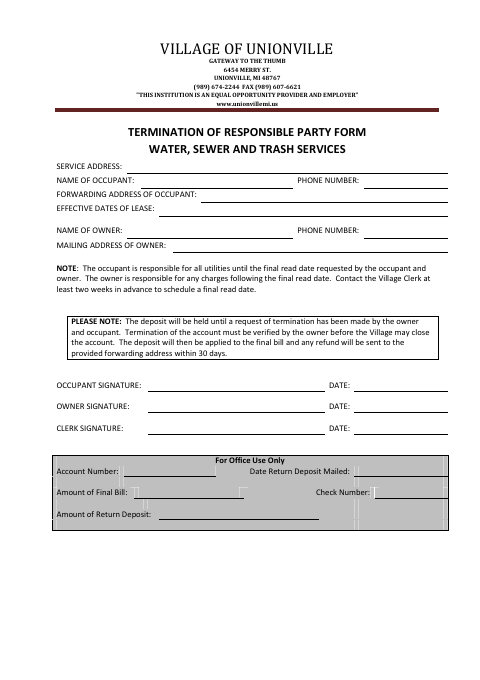 First page of the Termination of Responsible Party Form