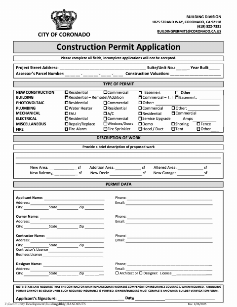 First page of the Construction Permit Application