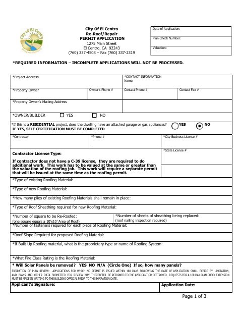 First page of the Re-Roof/Repair Permit Application