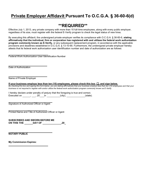 First page of the Private Employer E-Verify Affidavit