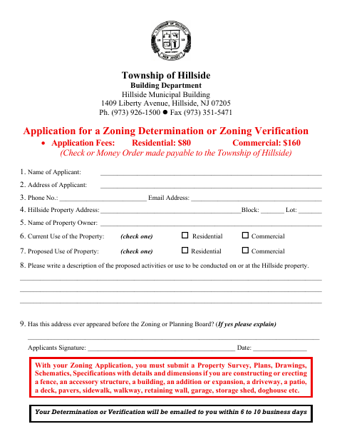 First page of the Application for a Zoning Determination or Zoning Verification