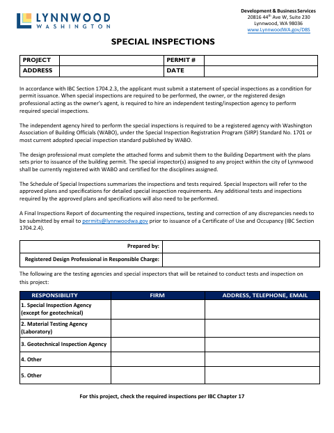 First page of the Special Inspections Agreement