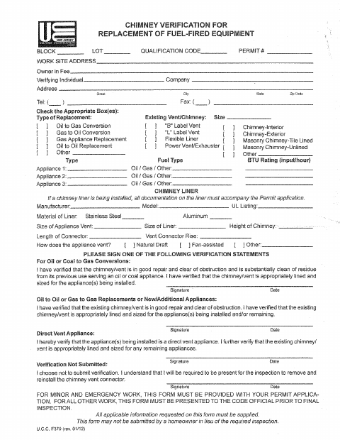 First page of the Chimney Certification for Replacement of Fuel-Fired Equipment