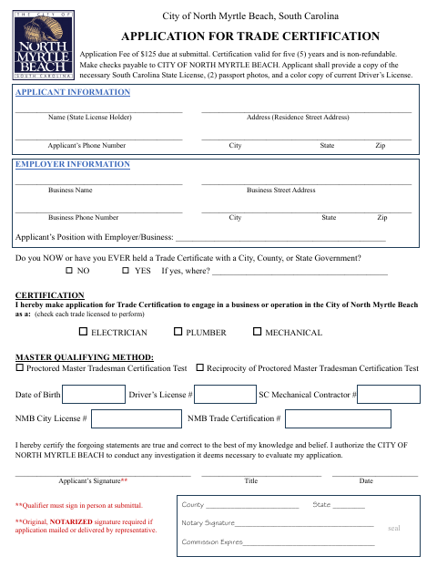 First page of the Application for Trade Certification