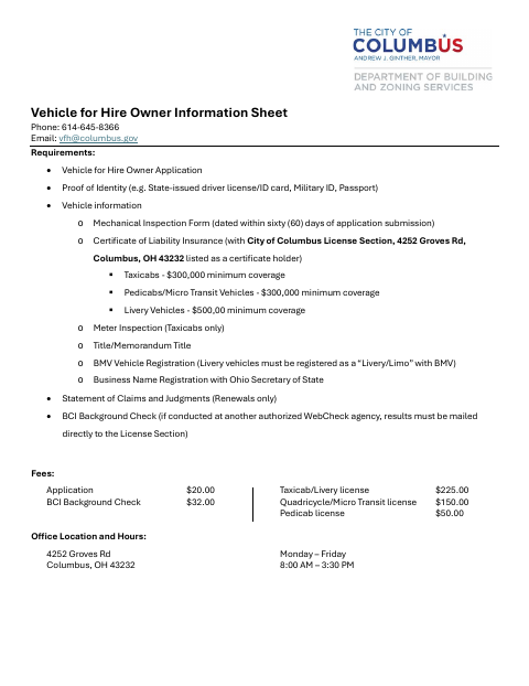 First page of the Vehicle for Hire Owner Application