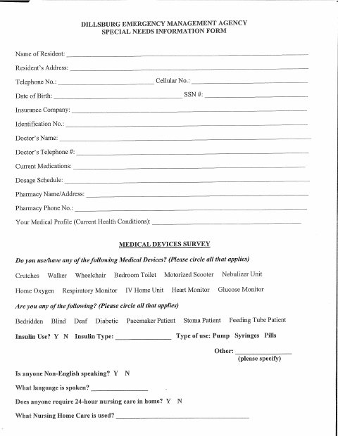 First page of the Special Needs Information Form