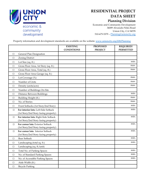 First page of the Residential Project Data Sheet