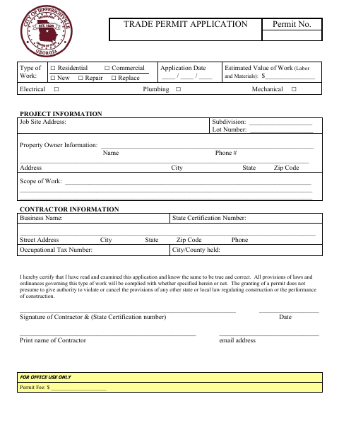 First page of the Trade Permit Application