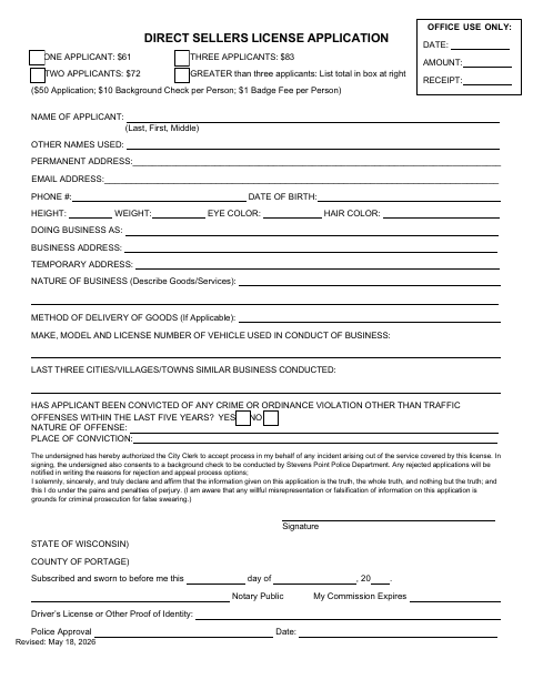 First page of the Direct Sellers License Application