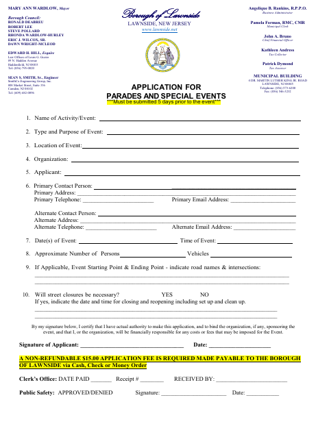 First page of the Application for Parades and Special Events