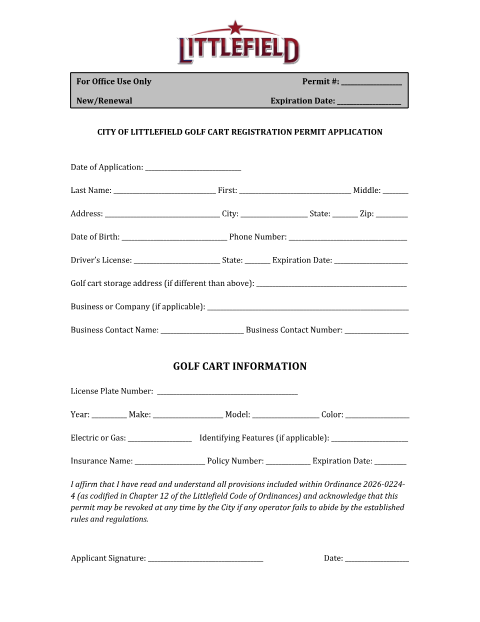 First page of the Golf Cart Registration Permit Application