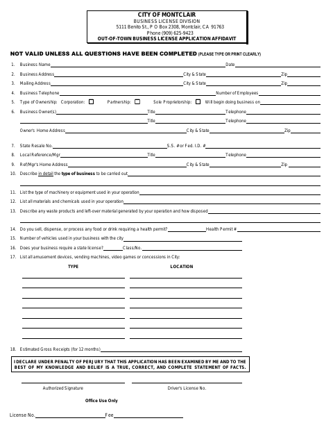 First page of the Out-of-Town Business License Application Affidavit (Non-Contractor)