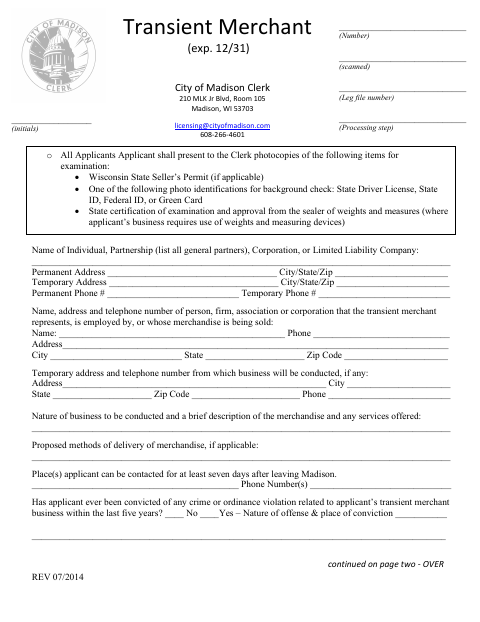 First page of the Transient Merchant Application