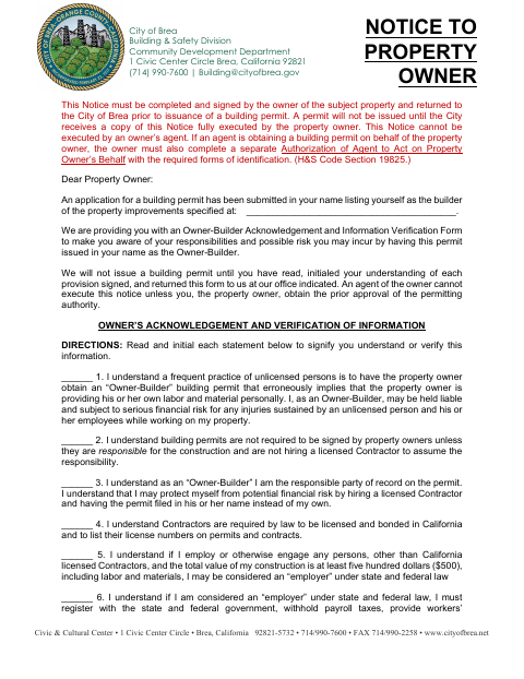 First page of the Owner-Builder Acknowledgment Form