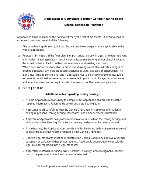 First page of the Zoning Hearing Board Special Exception, Variance, or Appeal Application