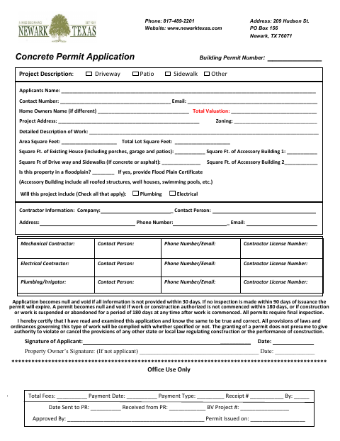 First page of the Concrete Permit Application
