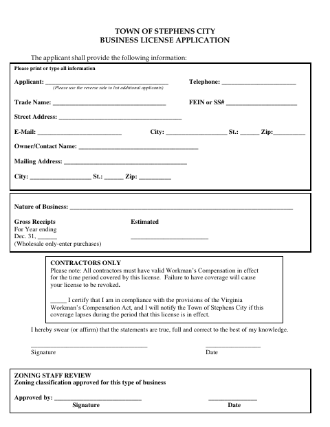 First page of the Business License Application