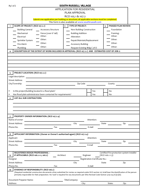 First page of the Application for Residential Plan Approval