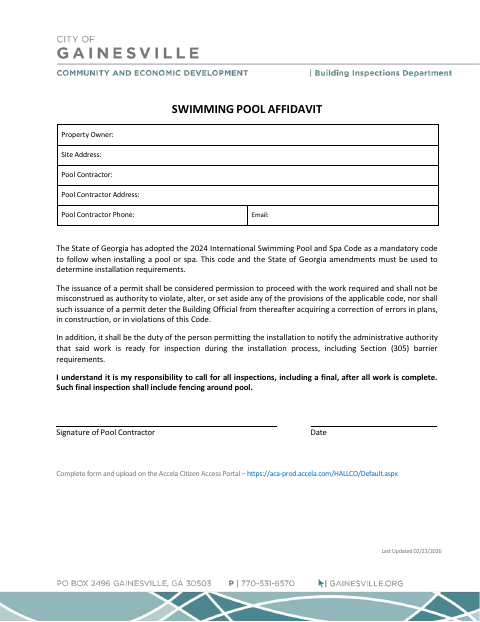 First page of the Swimming Pool Affidavit