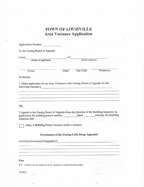 First page of the Area Variance Application