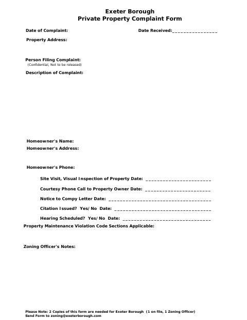 First page of the Private Property Complaint Form