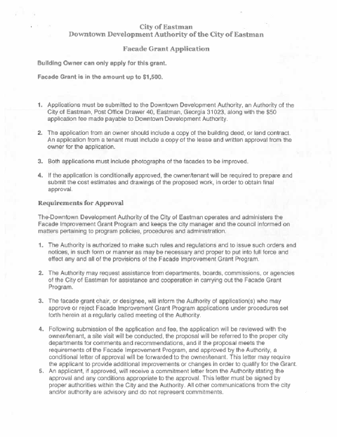 First page of the Downtown Facade Grant Application
