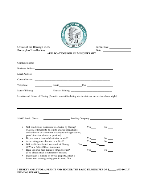 First page of the Application for Filming Permit