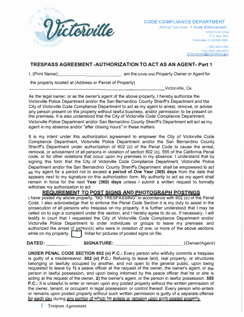 First page of the Trespass Agreement – Authorization to Act as an Agent