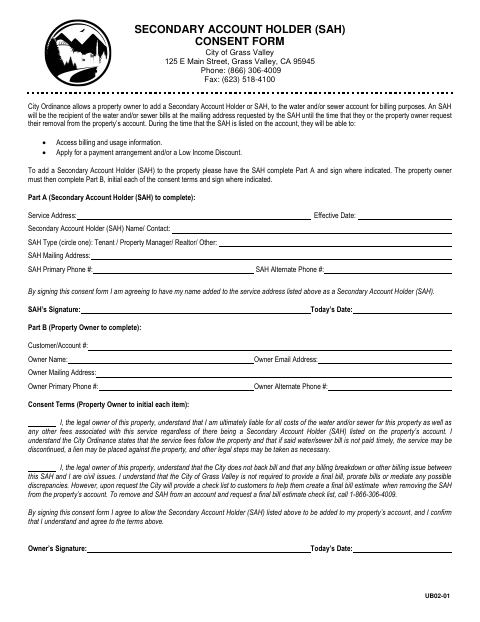 First page of the Secondary Account Holder Consent Form