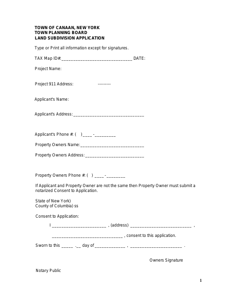 First page of the Land Subdivision Application