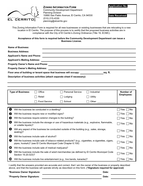 First page of the Zoning Information Form