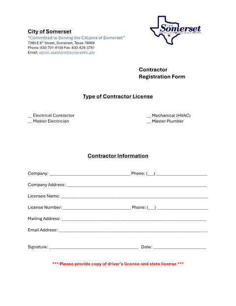 First page of the Contractor Registration Form