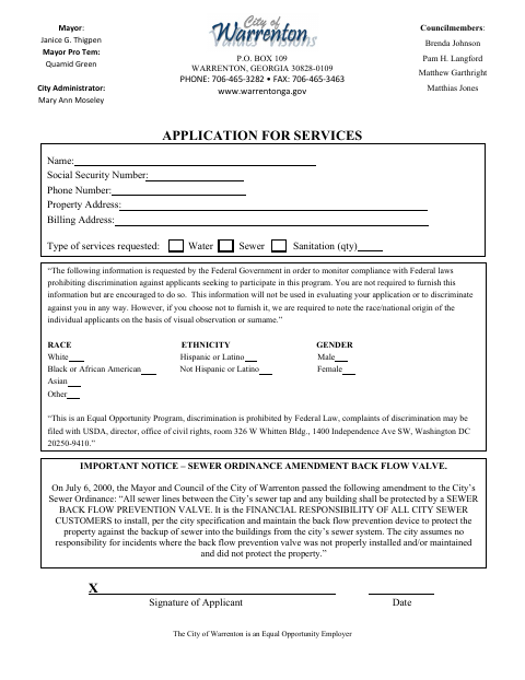 First page of the Application for Water, Sewer, and Sanitation Services