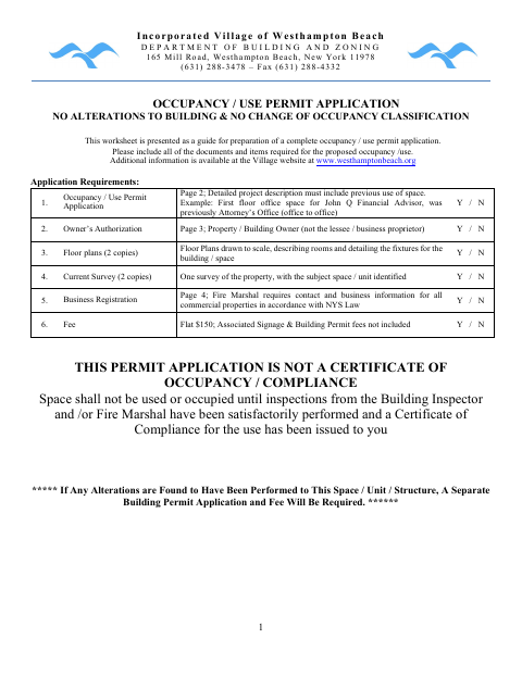 First page of the Occupancy and Use Permit Application