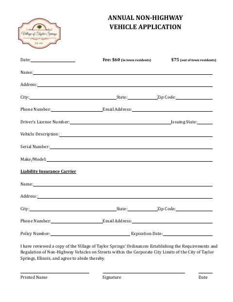 First page of the Annual Non-Highway Vehicle Application