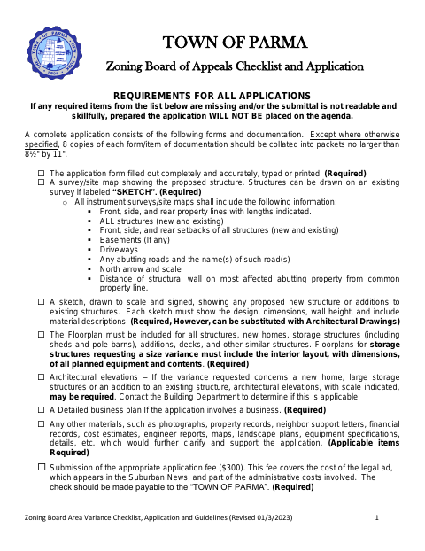 First page of the Zoning Board Area Variance Checklist, Application and Guidelines