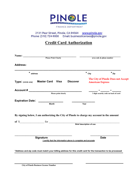 First page of the Credit Card Authorization Form