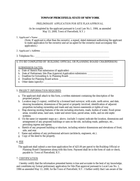 First page of the Preliminary Application for Site Plan Approval