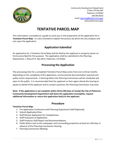 First page of the Tentative Parcel Map